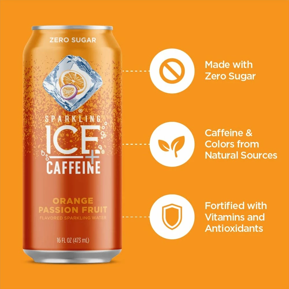 Sparkling Ice +Caffeine Orange Passionfruit Sparkling Water, 16 oz. 3 Sparkling Ice +Caffeine Orange Passionfruit Sparkling Water, 16 oz. - Image 3