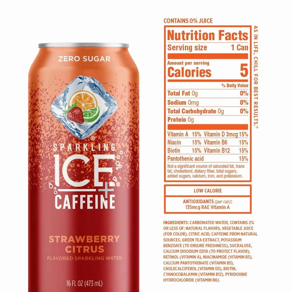 Sparkling Ice +Caffeine Strawberry Citrus Sparkling Water, 16 oz. 2 Sparkling Ice +Caffeine Strawberry Citrus Sparkling Water, 16 oz. - Image 2